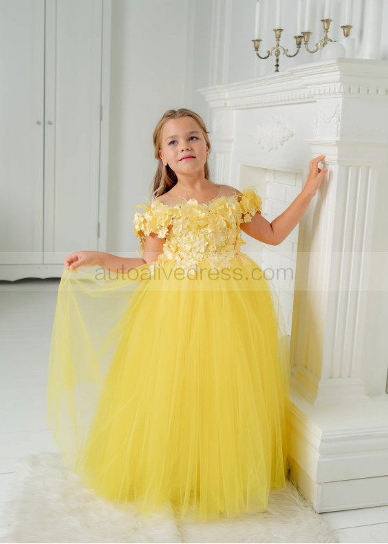 Yellow 3D Flowers Tulle Fairytale Flower Girl Dress